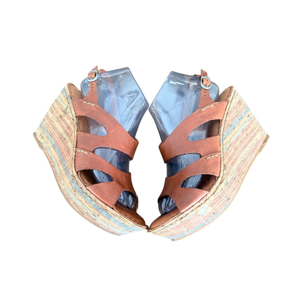 Born‎ Womens Tan Leather Bulena Multi Strap Cork Platform Wedge Sandals Size 8